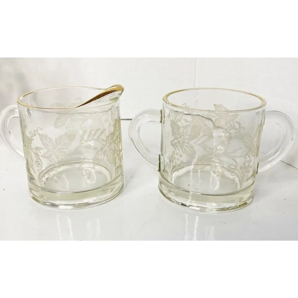 VINTAGE FRUIT EMBOSSED GOLD TRIM JUICE PITCHER AND GLASS SET
